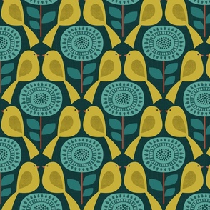 east fork flowers and birds - green / teal / dark (large scale)
