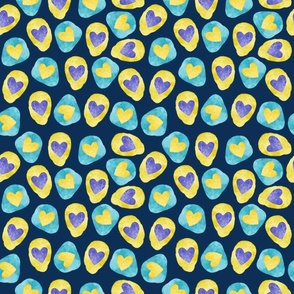 Cute Turquoise Yellow Hearts and Organic Shapes Watercolor Seamless Pattern