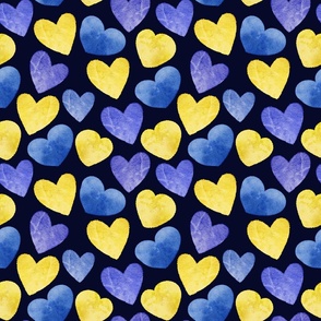 Simple Blue and Yellow Watercolor Hearts on Black Background