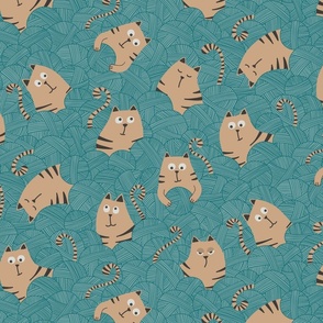 cats go to the yarn ball pool - beige / teal