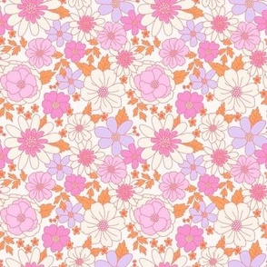 Small Vintage Retro Floral Line Work in Cream Pink Orange Purple