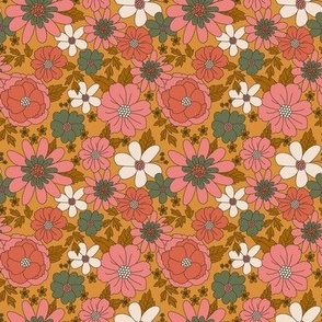 Small Vintage Retro Floral Line Work in 70s groovy colors pink green brown