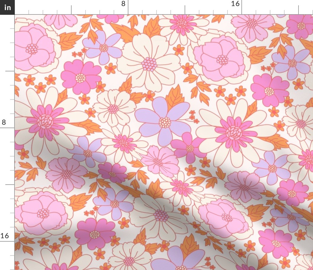 Vintage Retro Floral Line Work in Cream Pink Orange Purple