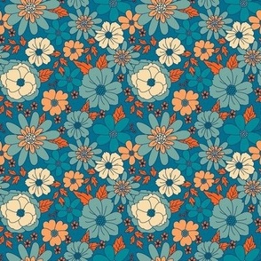 Small Vintage Retro Floral Line Work in Blue and Orange