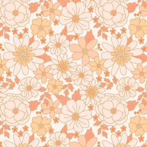 Vintage Retro Floral Line Work in Orange Yellow