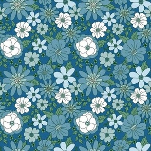 Small Vintage Retro Floral Line Work in Blue Green