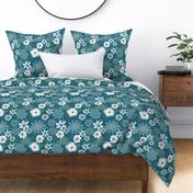 Vintage Retro Floral Line Work in Blue Green