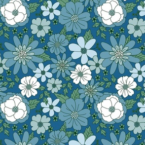 Vintage Retro Floral Line Work in Blue Green