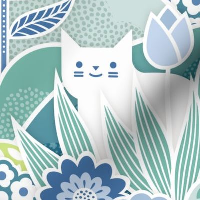 Doll House- Spring Garden with Cats- Geometric Floral Wallpaper- Spring Wildflowers- Cat- Tulips- Blue- Mint- Green- Petal Solids Coordinate- Sea Glass- Sky Blue- Honeydew Green- Large