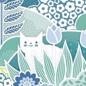 Doll House- Spring Garden with Cats- Geometric Floral Wallpaper- Spring Wildflowers- Cat- Tulips- Blue- Mint- Green- Petal Solids Coordinate- Sea Glass- Sky Blue- Honeydew Green- Medium