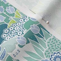 Doll House- Spring Garden with Cats- Geometric Floral Wallpaper- Spring Wildflowers- Cat- Tulips- Blue- Mint- Green- Petal Solids Coordinate- Sea Glass- Sky Blue- Honeydew Green- Mini