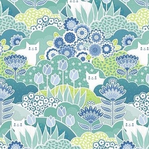 Doll House- Spring Garden with Cats- Geometric Floral Wallpaper- Spring Wildflowers- Cat- Tulips- Blue- Mint- Green- Petal Solids Coordinate- Sea Glass- Sky Blue- Honeydew Green- Mini