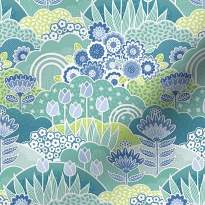 Doll House- Spring Garden- Geometric Floral Wallpaper- Spring Wildflowers- Tulips- Blue- Mint- Green- Petal Solids Coordinate- Sea Glass- Sky Blue- Honeydew Green- Mini