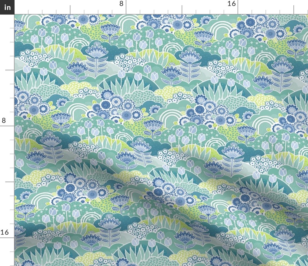 Doll House- Spring Garden- Geometric Floral Wallpaper- Spring Wildflowers- Tulips- Blue- Mint- Green- Petal Solids Coordinate- Sea Glass- Sky Blue- Honeydew Green- Mini