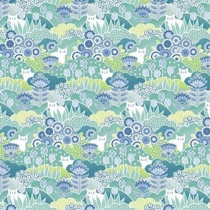 Doll House- Spring Garden with Cats- Geometric Floral Wallpaper- Spring Wildflowers- Cat- Tulips- Blue- Mint- Green- Petal Solids Coordinate- Sea Glass- Sky Blue- Honeydew Green- Micro