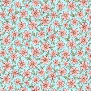 Doodle Blossom Scattered Aqua Peach - mini scale - mix and match