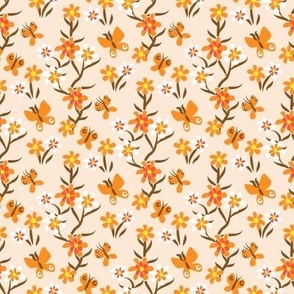 Tiny Butterflies and Blooms in Orange on Beige