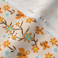 Tiny Butterflies and Blooms in Orange and Turquoise on Beige