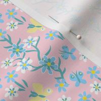 Tiny Butterflies and Blooms in Blue and Yellow on Pink