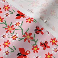 Tiny Butterflies and Blooms in Red and Green on Pink