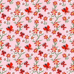 Tiny Butterflies and Blooms in Red and Green on Pink