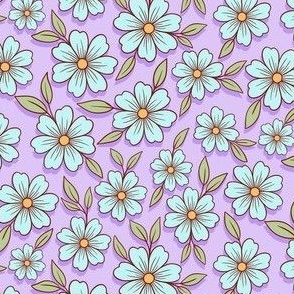 Doodle Blossoms Scattered Lavender Aqua - small scale - mix and match