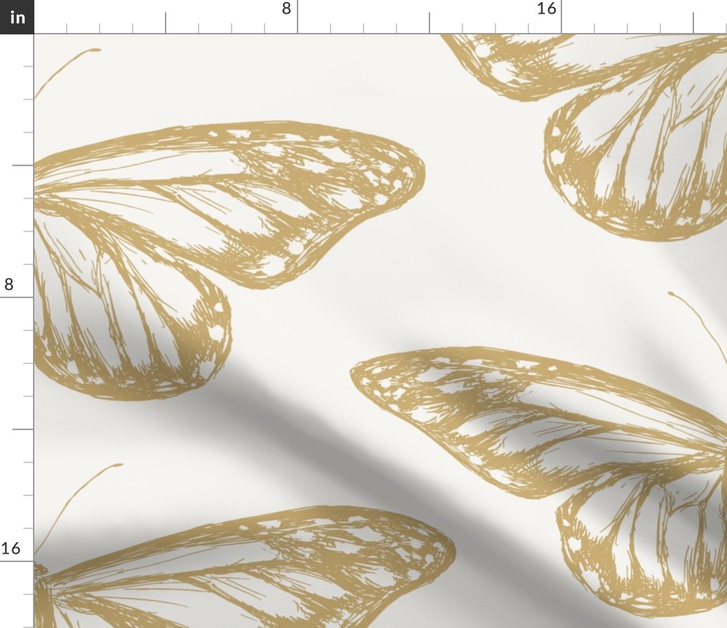 Jumbo Scientific Butterfly Illustration for Nursery Wallpaper & Fabric in Gold & Beige