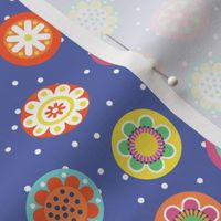 Colorful Tossed Fun Flower Medallions on Periwinkle with White Polka Dots