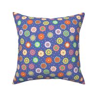Colorful Tossed Fun Flower Medallions on Periwinkle with White Polka Dots