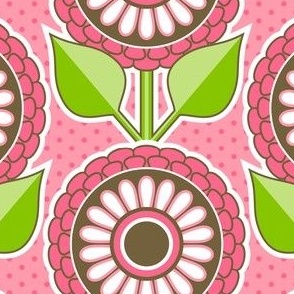 Dollhouse Flowers and Polka Dot Background // Fuchsia, Pink, Green, Brown, White // Medium Scale - 385 DPI