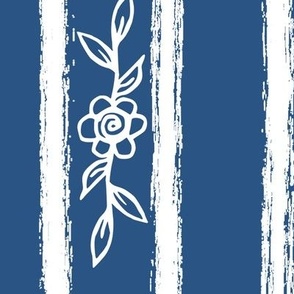 Large Flower and Sketchy Stripes Aegean Blue and White
