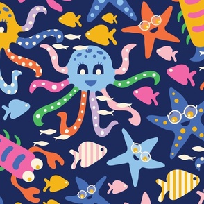 Navy Cute and happy underwater world for kids - baby room and nursery | vibrant and multicolor | jumbo scale ©designsbyroochita