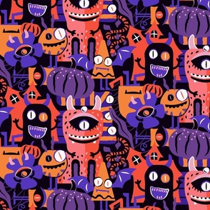 Halloween Multi-Eyed Monsters - Purple and Orange - regular scale ©designsbyroochita