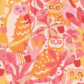 Red and pink - Medium- Maximalist Moody Owl Jungle Wallpaper ©designsbyroochita updated