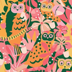 Green and pink - Medium- Maximalist Moody Owl Jungle Wallpaper ©designsbyroochita