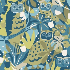 Sage and blue - medium - Maximalist Moody Owl Jungle Wallpaper ©designsbyroochita