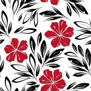 Deep Red Flowers and Black Inky Leaves on White