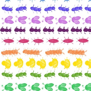 Rainbow Bugs Stripes Big Hand drawn Colored Pencil Bugs Marching Along, Ants, Beetles, Ladybugs,  Caterpillar