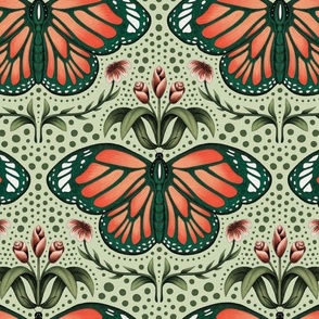 Orange Butterflies - Green - Large Scale