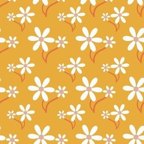 Daisy Flower -  Retro White Daisy Flower Garden on Yellow - Small