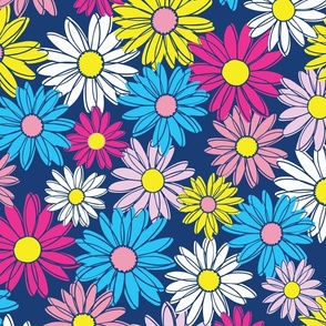 Colorful daisies, pink, yellow and blue flowers on navy blue,  large scale