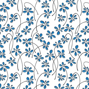 small doodle flowers - hand-drawn flower bluebell - blue floral fabric and wallpaper
