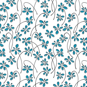 small doodle flowers - hand-drawn flower caribbean - blue floral fabric and wallpaper