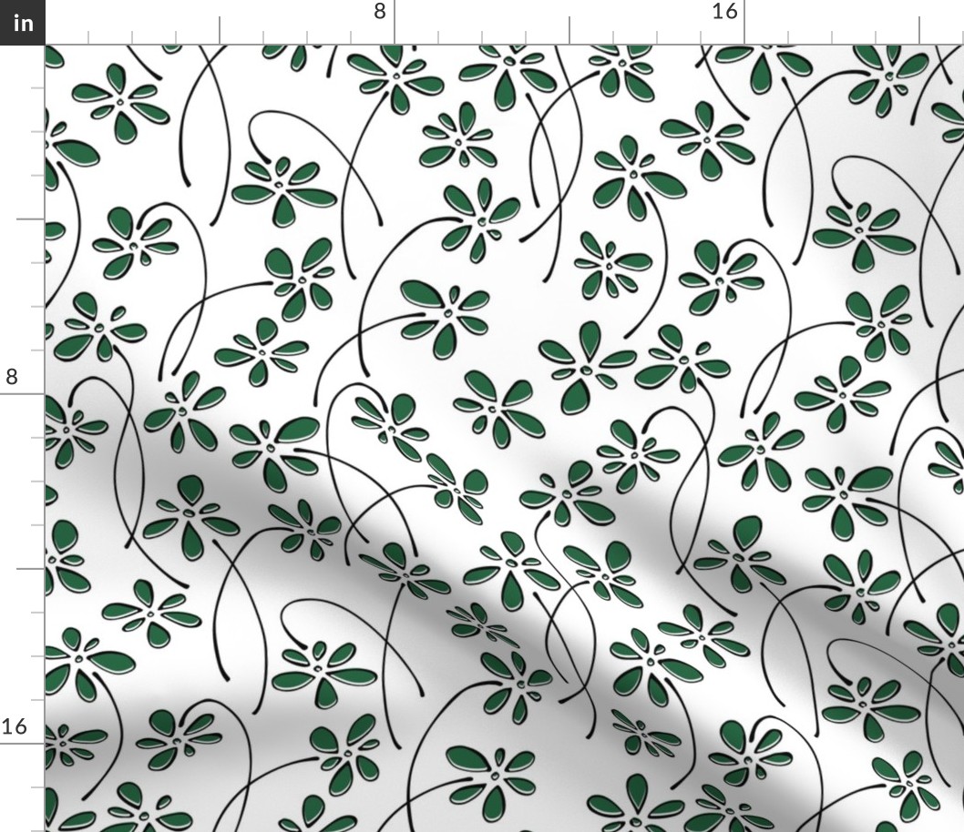 small doodle flowers - hand-drawn flower emerald - green floral fabric and wallpaper