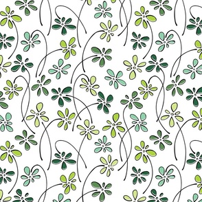 small doodle flowers - hand-drawn flower emerald mix - floral fabric and wallpaper