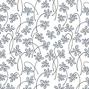 small doodle flowers - hand-drawn flower fog - blue floral fabric and wallpaper