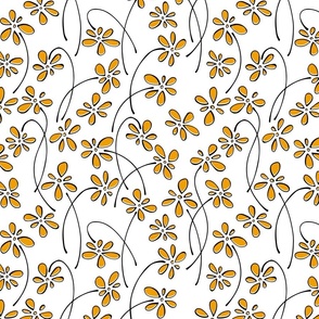small doodle flowers - hand-drawn flower marigold - orange floral fabric and wallpaper