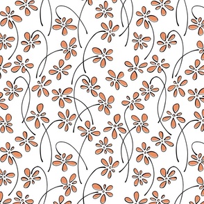 small doodle flowers - hand-drawn flower peach - salmon floral fabric and wallpaper