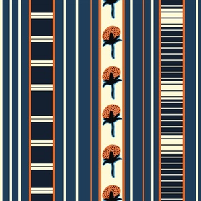 Multi Stripes with Hand-Drawn Florals - Blue and Orange, Large Scale