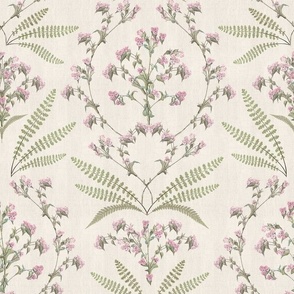 12" French florals damask and vine garland - sage green and pink on cream linen